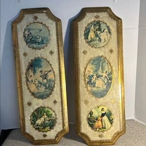 Vintage Italian Florentine Wood Découpage Gold  Wall Plaques set of 2